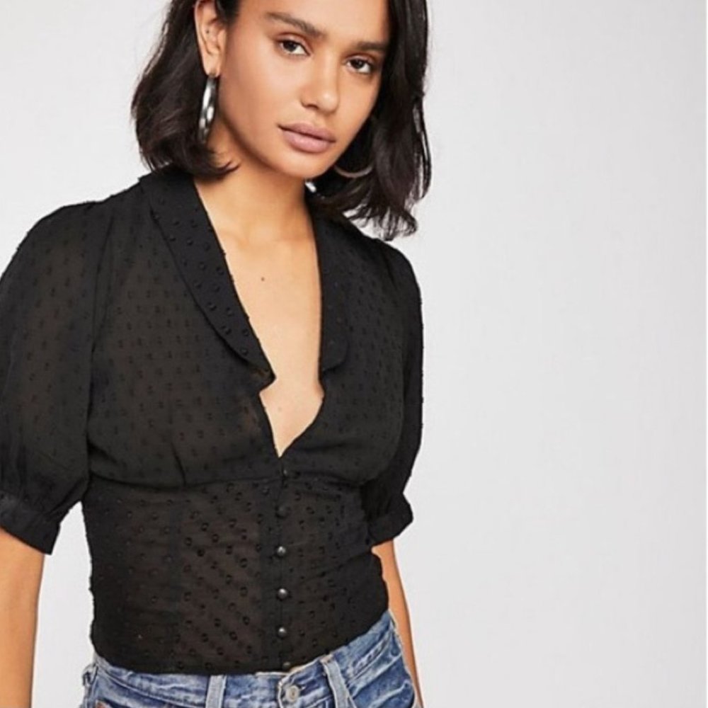Free People Freya Semi-Sheer Swiss Dot Black Top